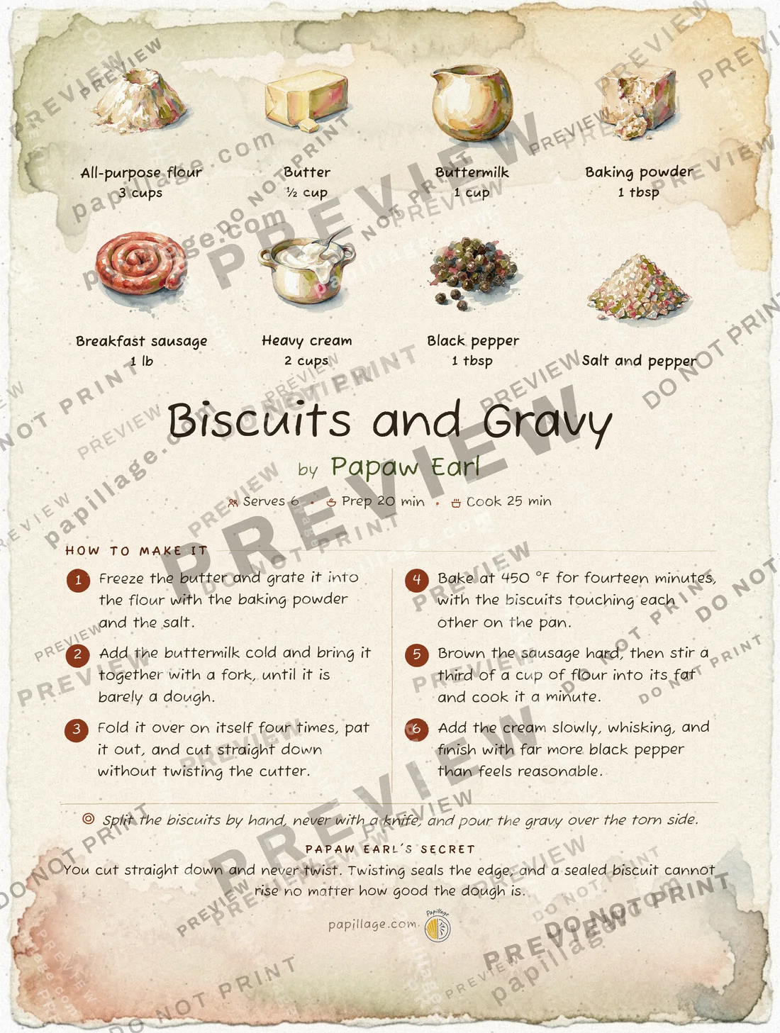 Biscuits and Gravy in Watercolor, top banner layout