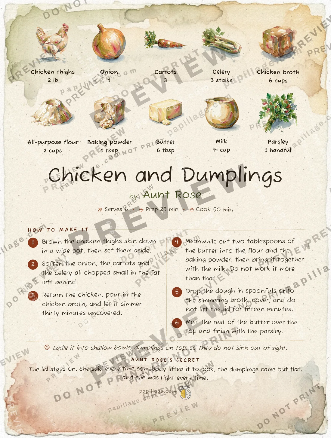 Chicken and Dumplings in Watercolor, top banner layout
