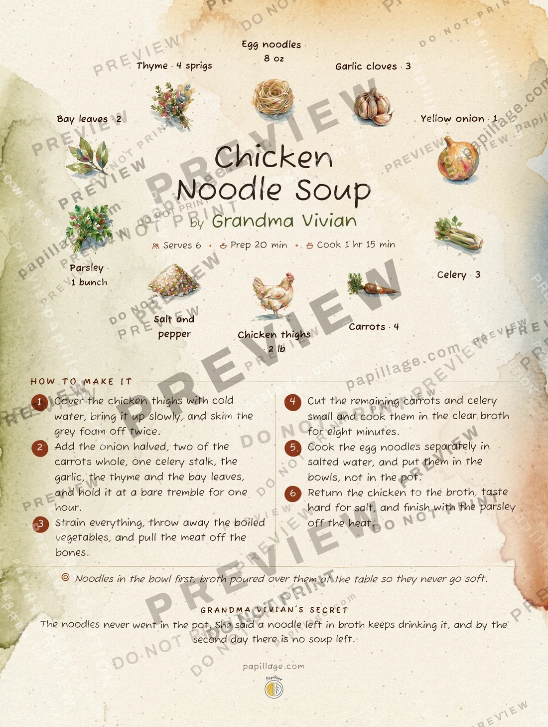 Chicken Noodle Soup in Watercolor, wreath layout