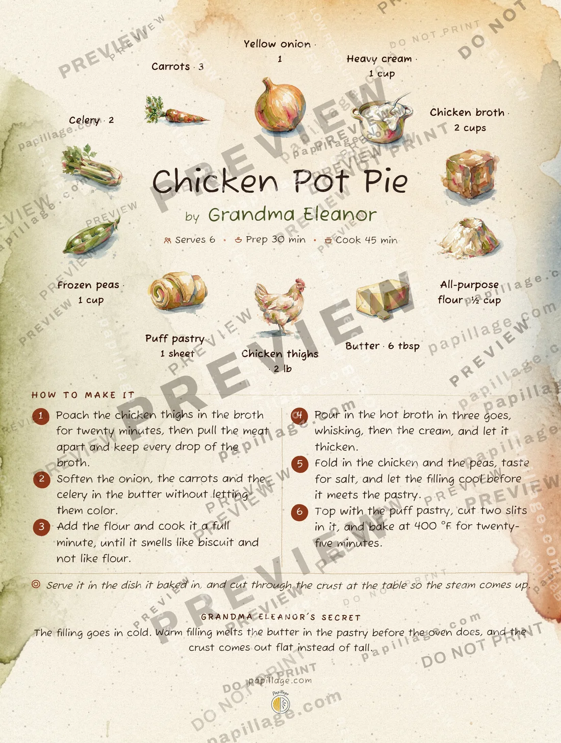 Chicken Pot Pie in Watercolor, wreath layout