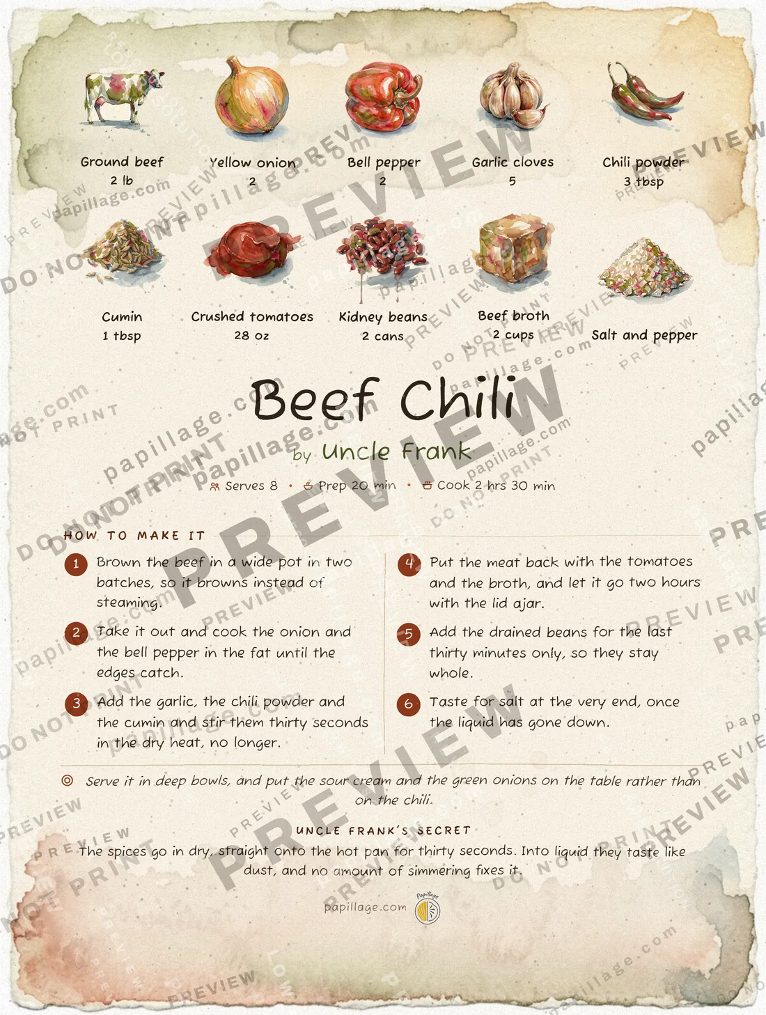 Beef Chili in Watercolor, top banner layout
