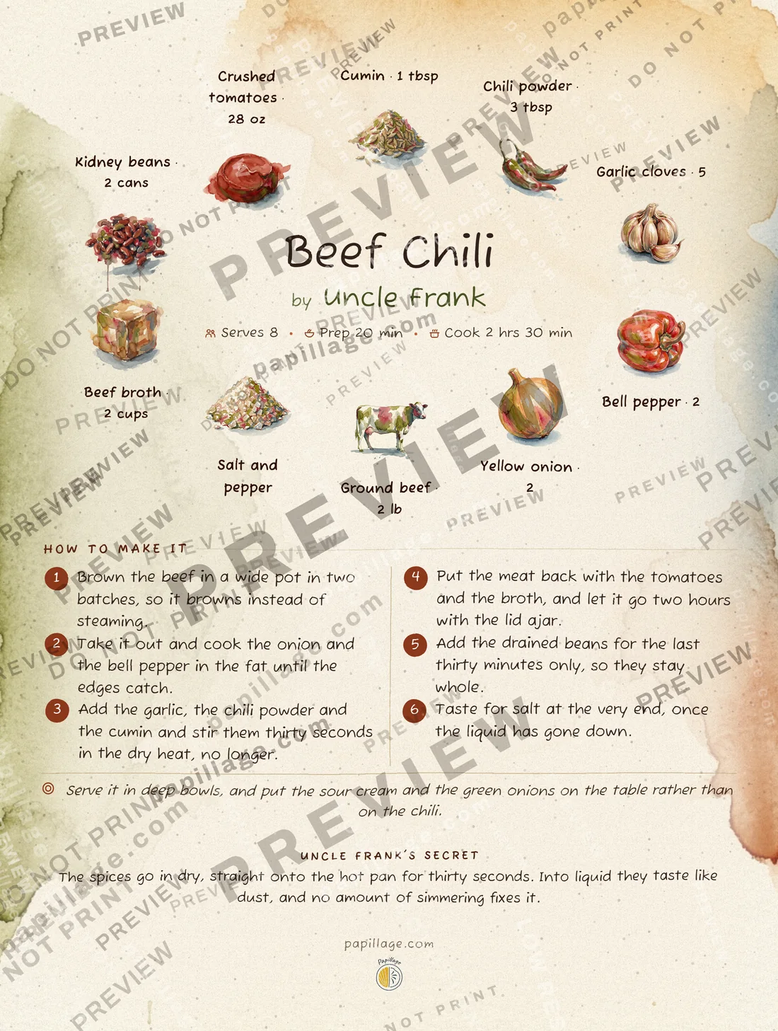Beef Chili in Watercolor, wreath layout