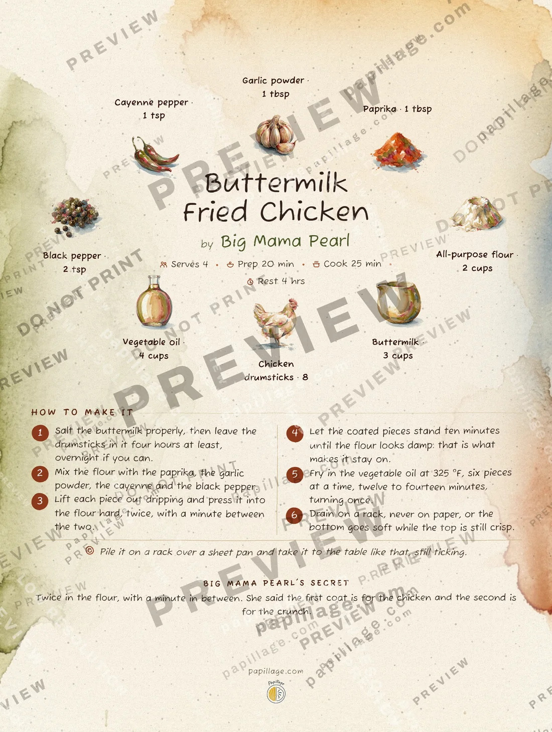 Buttermilk Fried Chicken in Watercolor, wreath layout