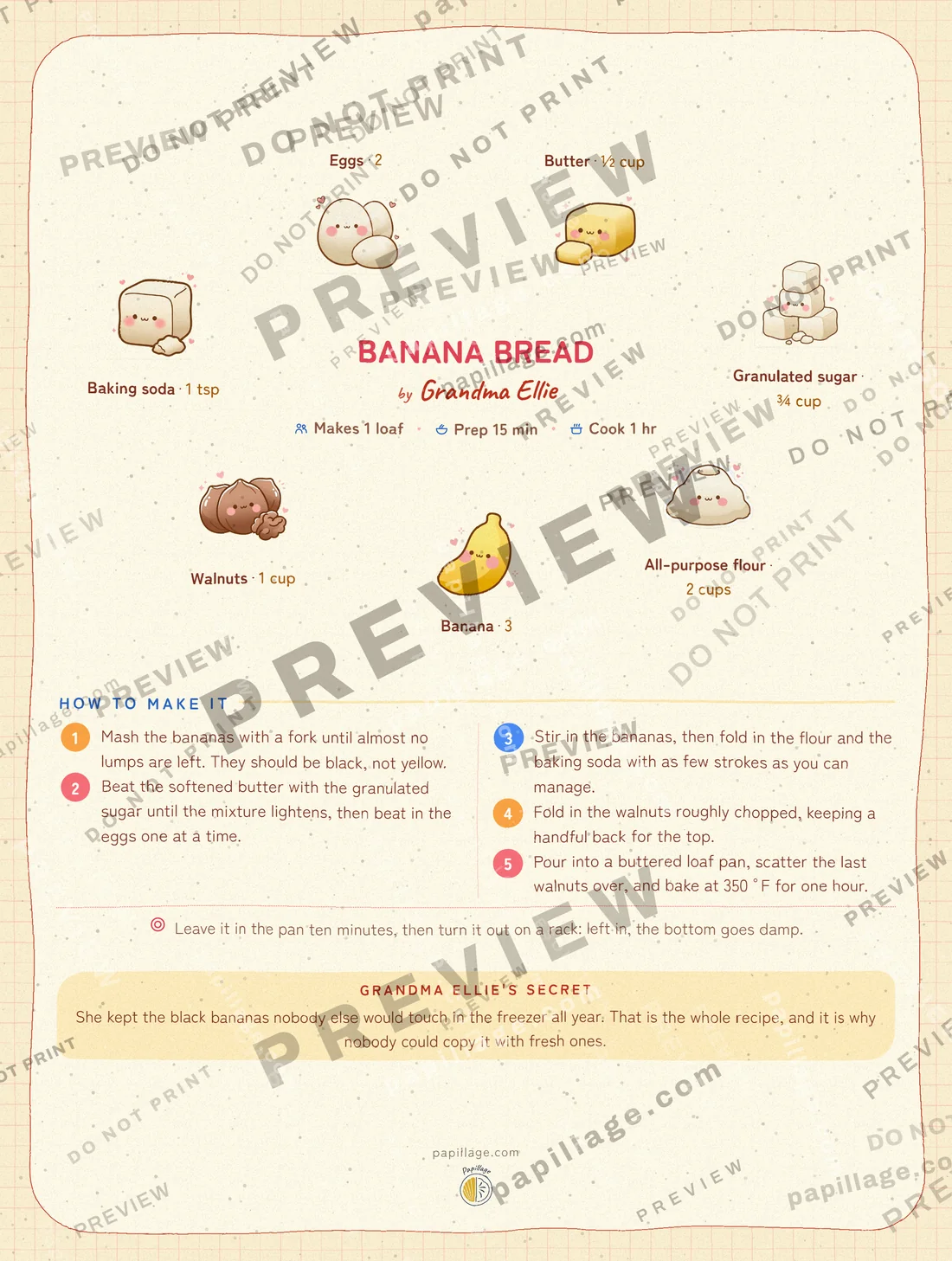 Banana Bread in Japanese kawaii, wreath layout