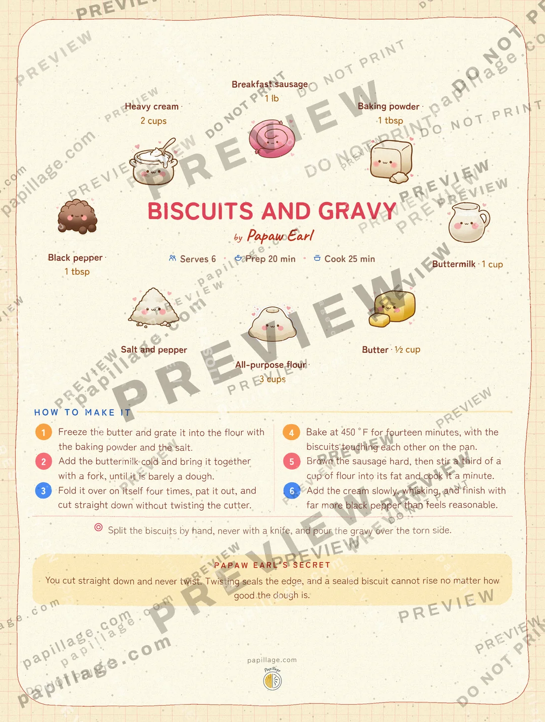 Biscuits and Gravy in Japanese kawaii, wreath layout