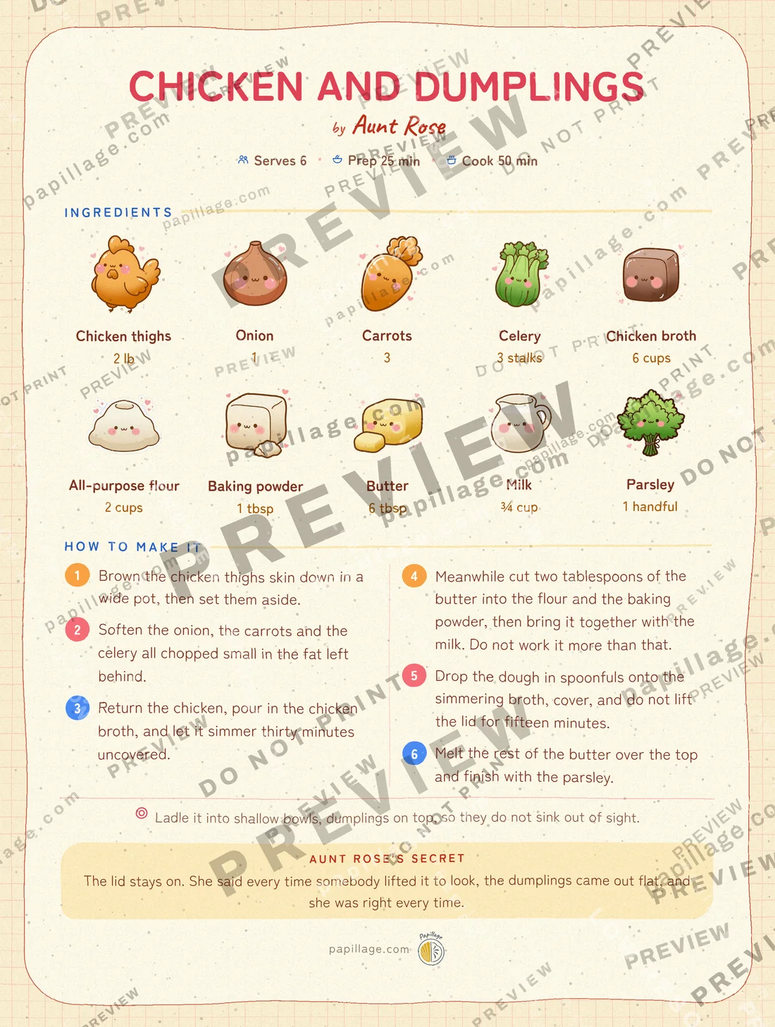 Chicken and Dumplings in Japanese kawaii, top banner layout