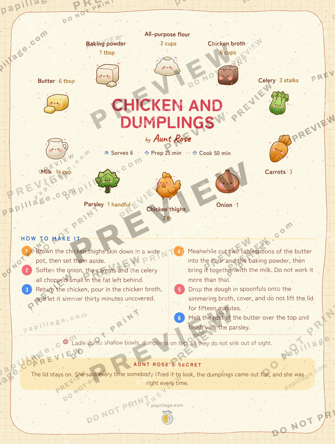 Chicken and Dumplings in Japanese kawaii, wreath layout