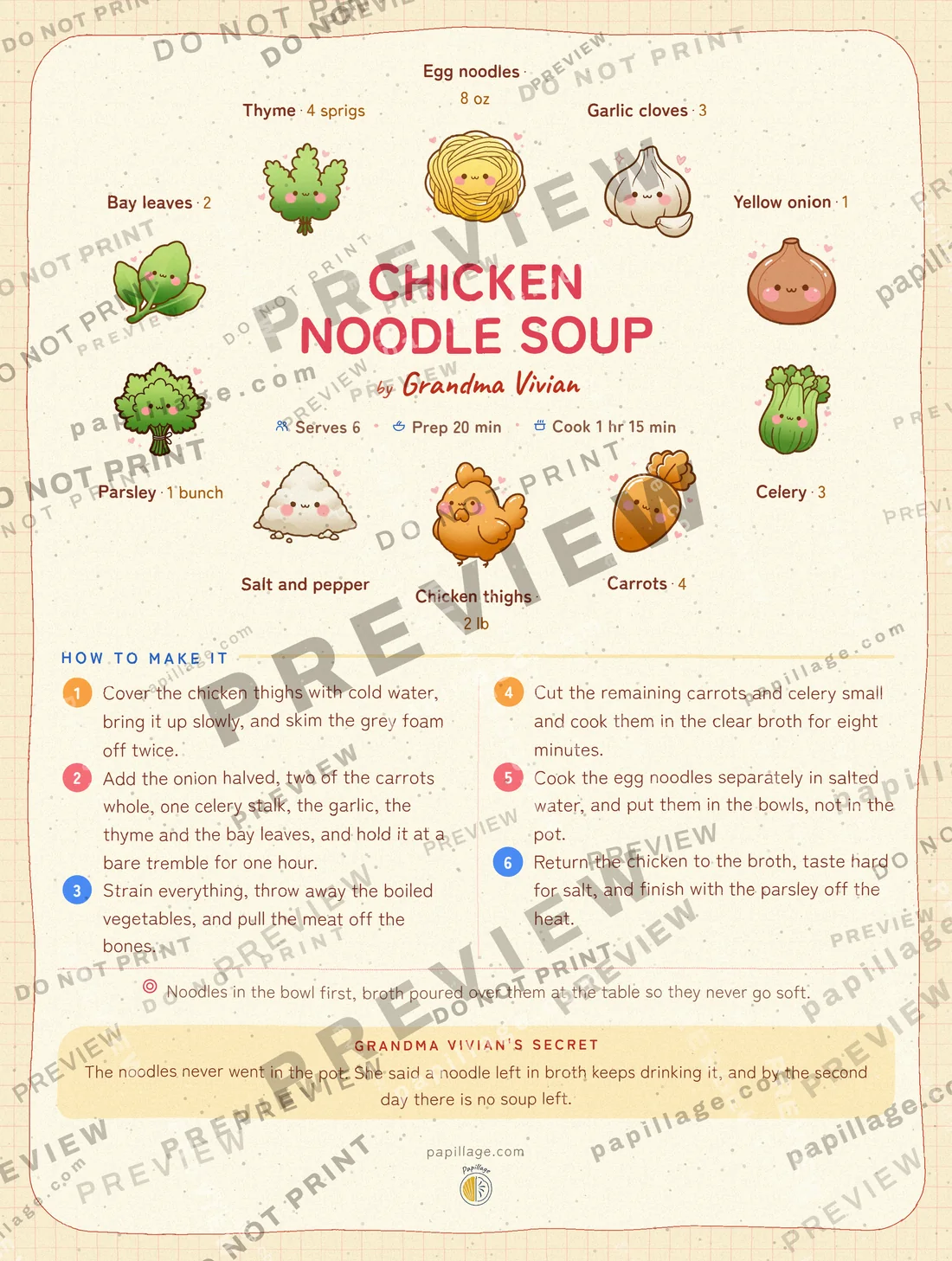 Chicken Noodle Soup in Japanese kawaii, wreath layout