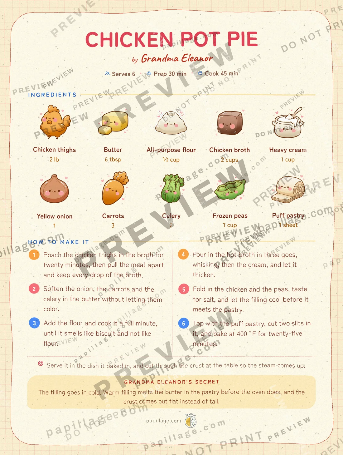 Chicken Pot Pie in Japanese kawaii, top banner layout