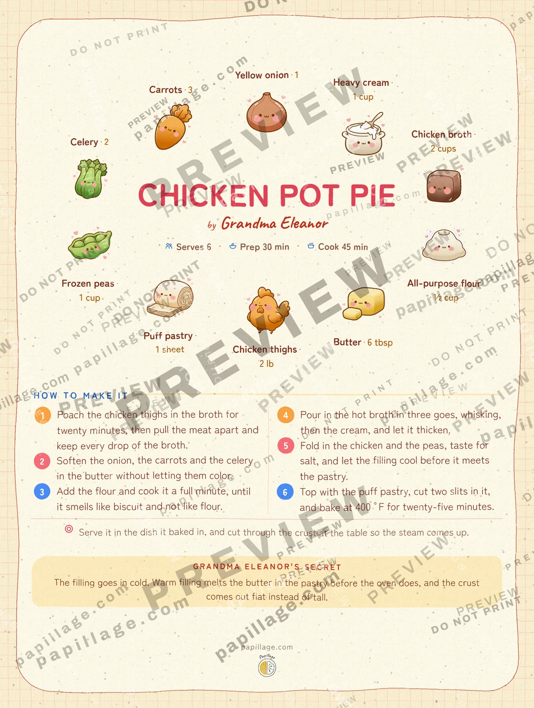 Chicken Pot Pie in Japanese kawaii, wreath layout