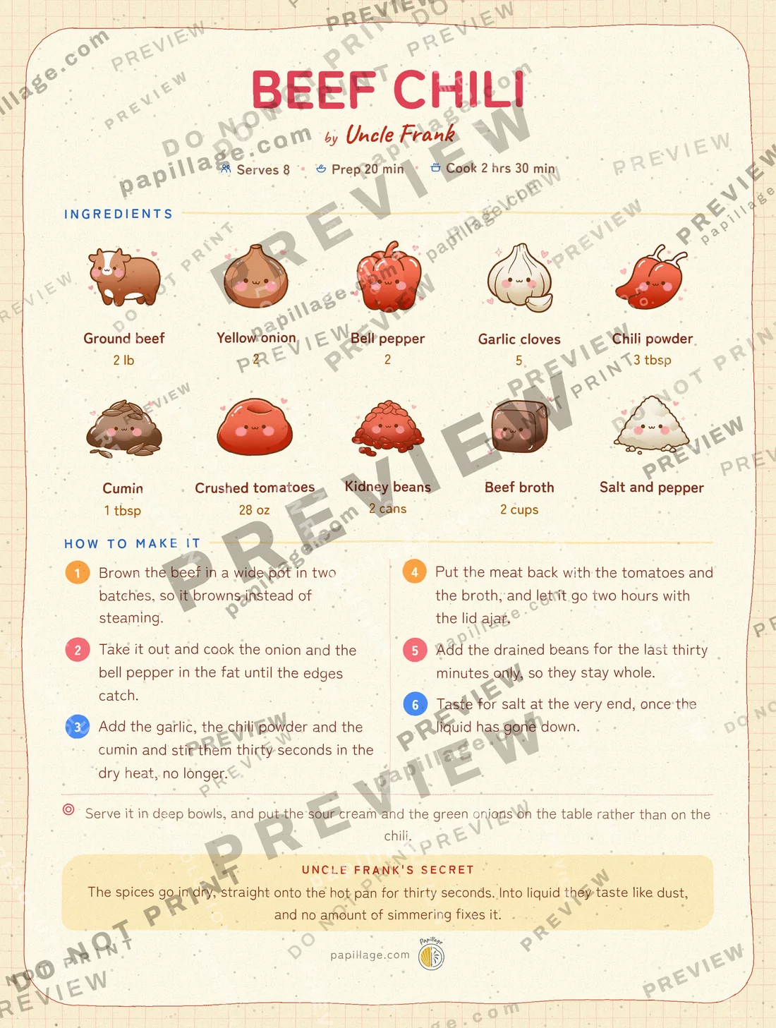 Beef Chili in Japanese kawaii, top banner layout