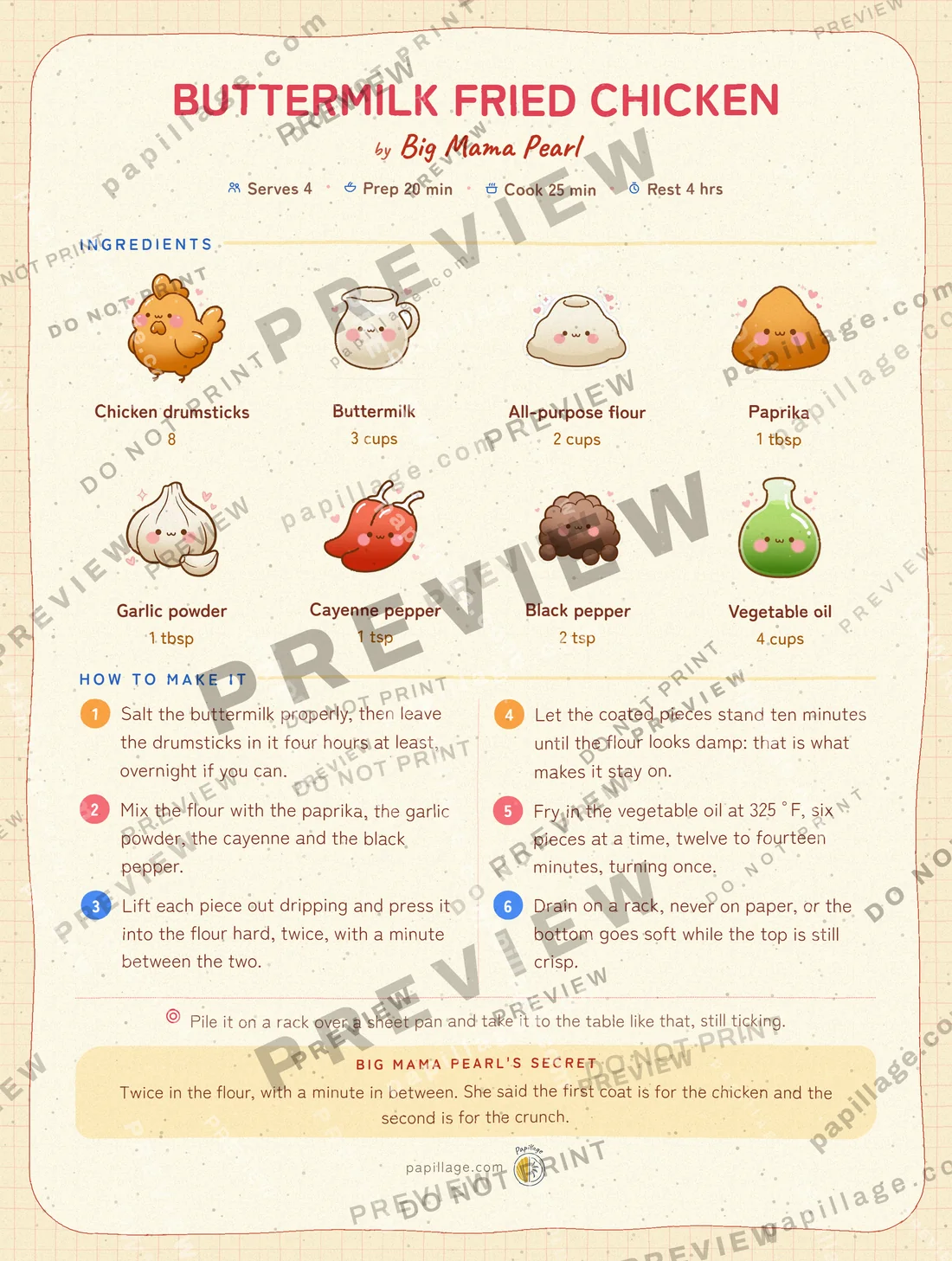 Buttermilk Fried Chicken in Japanese kawaii, top banner layout