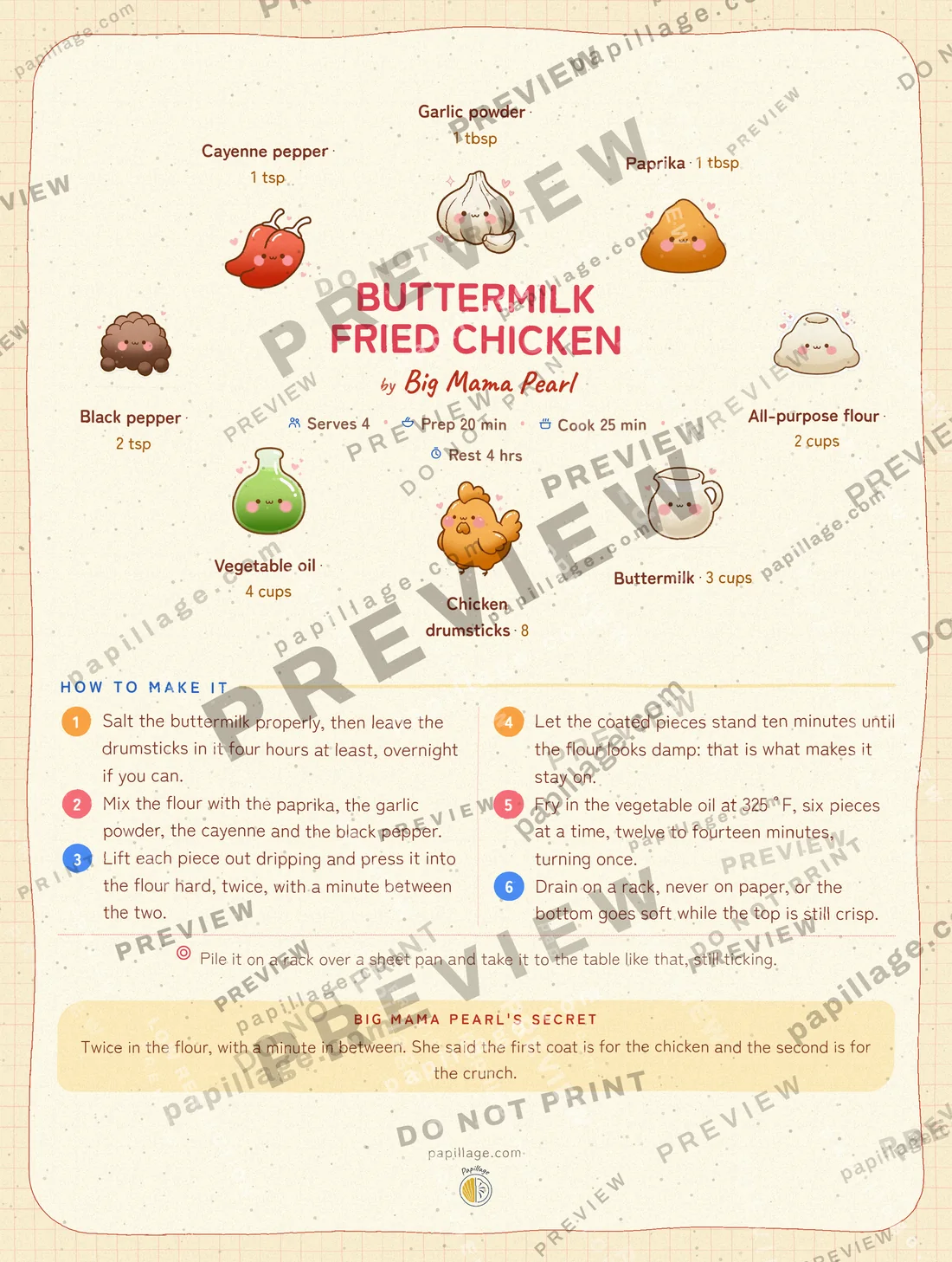 Buttermilk Fried Chicken in Japanese kawaii, wreath layout