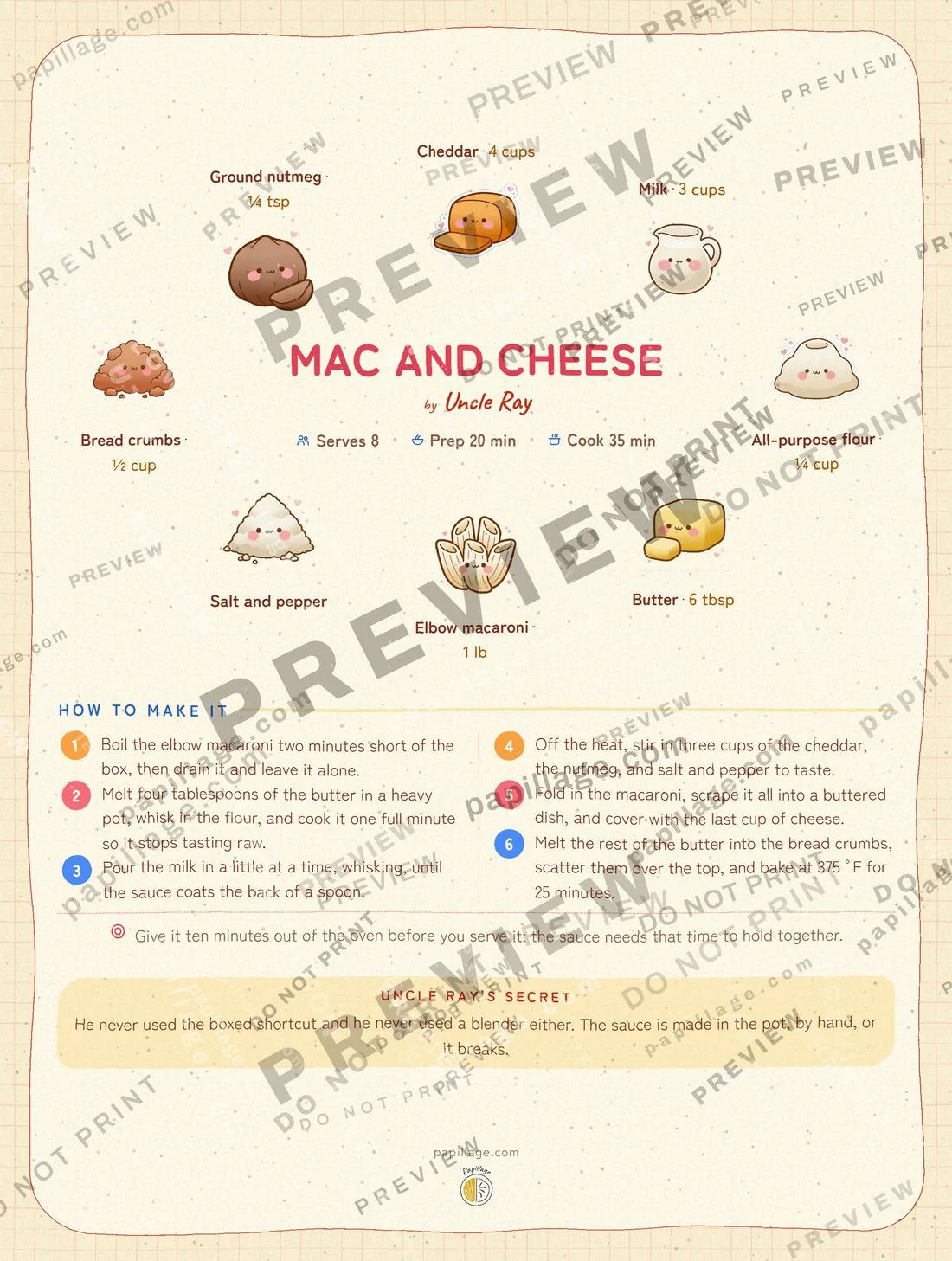 Mac and Cheese in Japanese kawaii, wreath layout