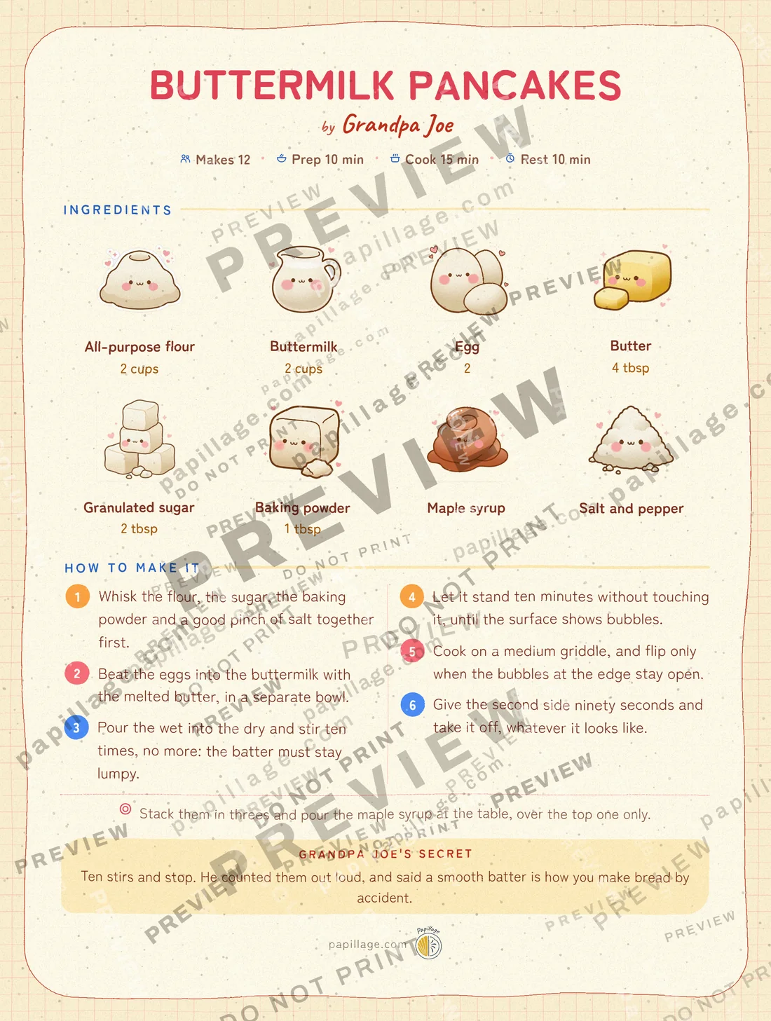 Buttermilk Pancakes in Japanese kawaii, top banner layout