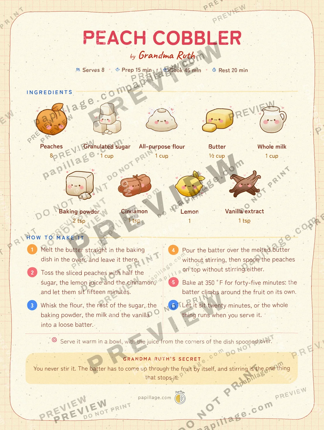 Peach Cobbler in Japanese kawaii, top banner layout