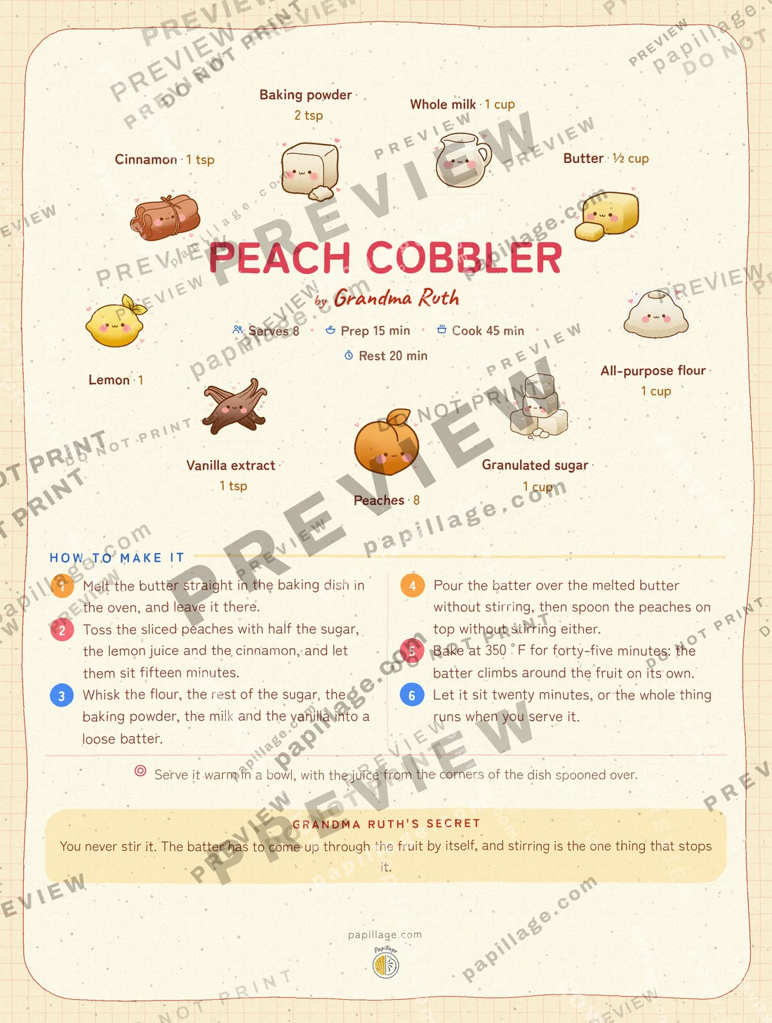 Peach Cobbler in Japanese kawaii, wreath layout