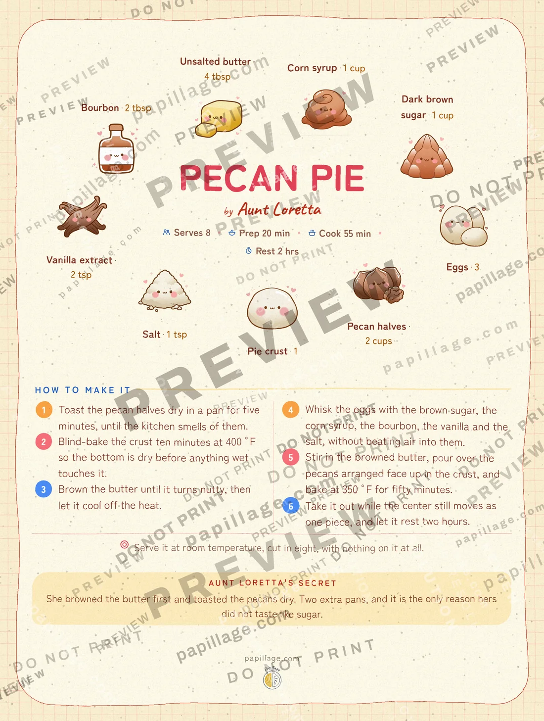 Pecan Pie in Japanese kawaii, wreath layout