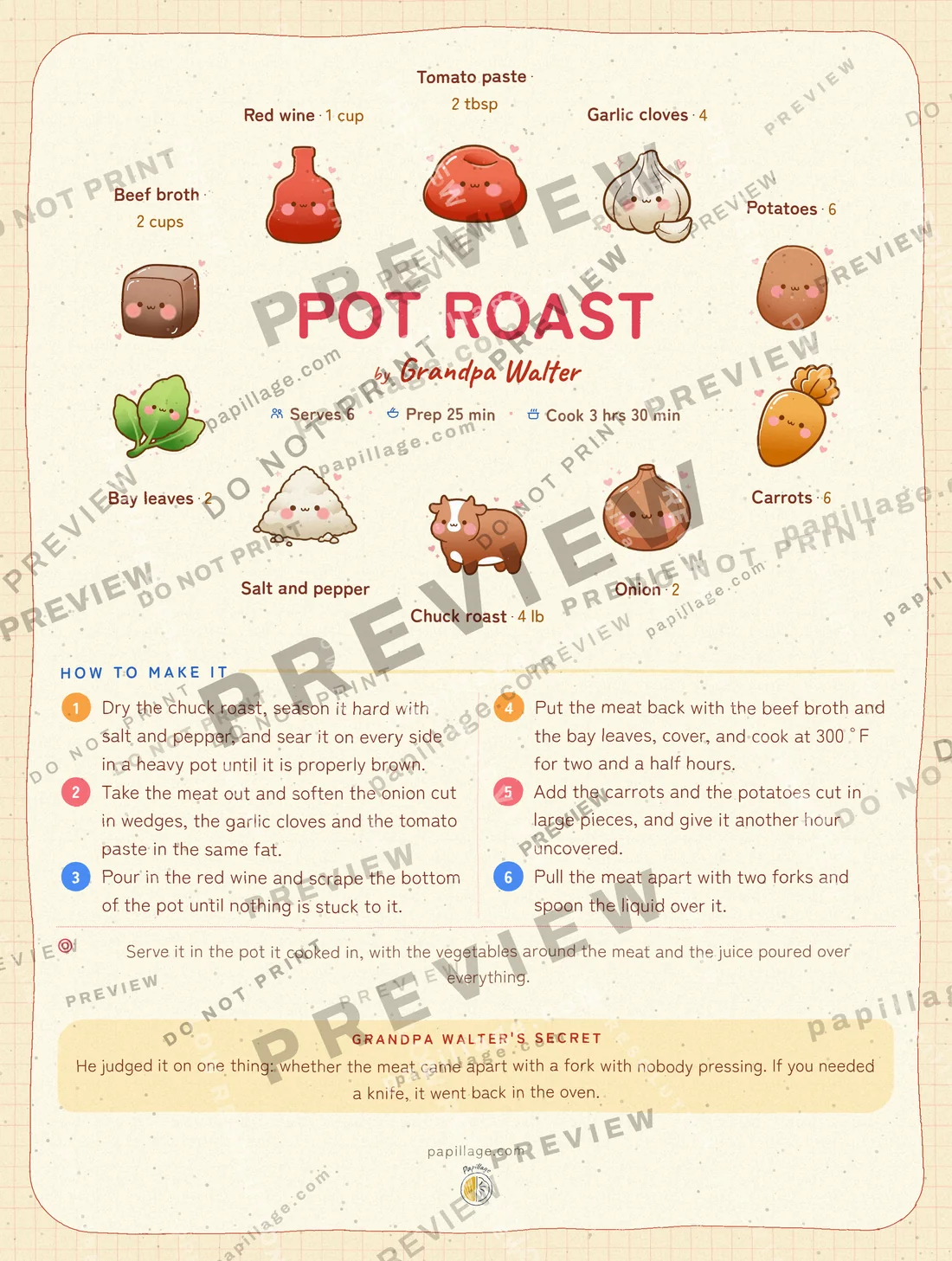 Pot Roast in Japanese kawaii, wreath layout