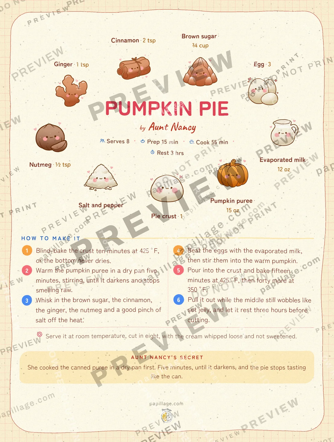 Pumpkin Pie in Japanese kawaii, wreath layout